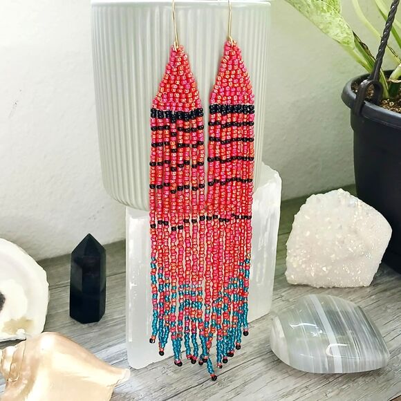 Long Boho Chic Beaded Fringe Cascade Shoulder Duster Dangle Earrings, 7" - Picture 2 of 8